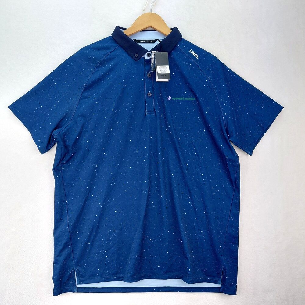 UNRL Pique Pro Polo Shirt Men XL Blue NWT Performance Stretch Golf Geometric AOP